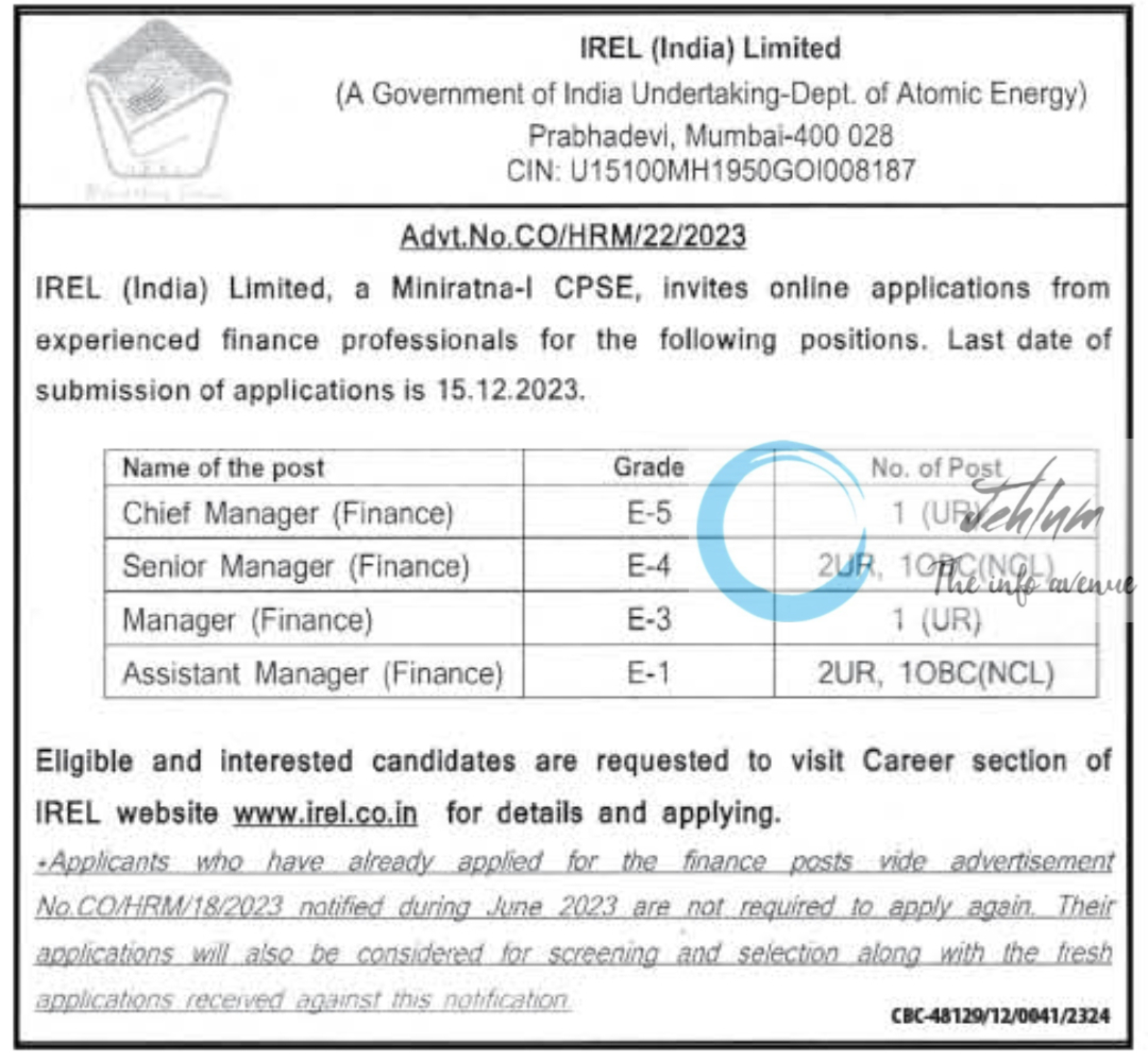 IREL India Limited Dept Of Atomic Energy Advertisement No 22 of 2023