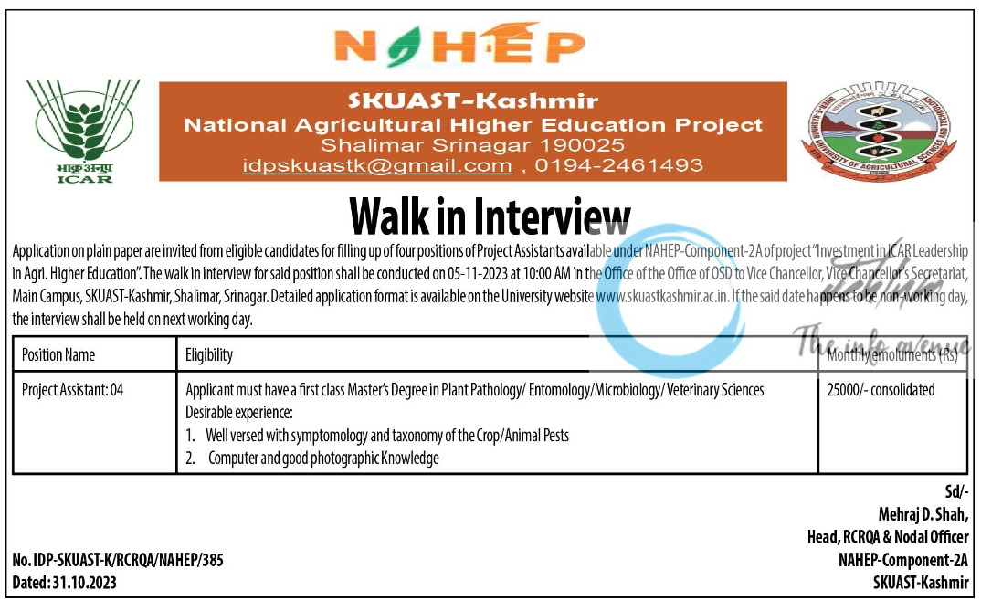 NAHEP SKUAST-Kashmir Project Assistants Jobs Advertisement 2023