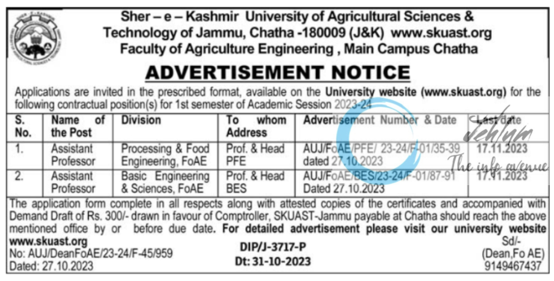 SKUAST Jammu Faculty of Agriculture Engineering Advertisement Notice 2023