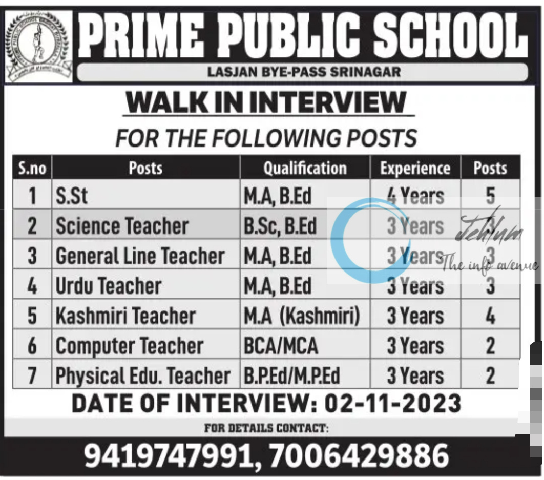 PRIME PUBLIC SCHOOL SRINAGAR JOBS 2023