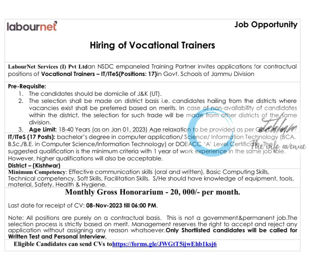 LabourNet Services Jammu NSDC Vocational Trainers Jobs 2023