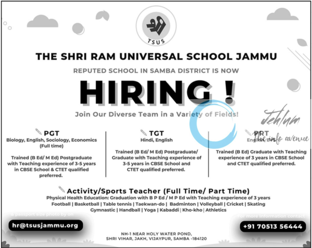THE SHRI RAM UNIVERSAL SCHOOL JAMMU JOBS 2023