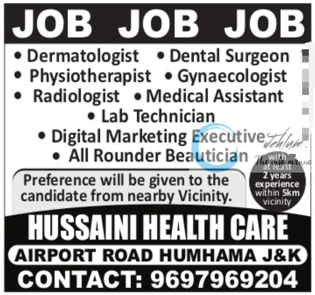 HUSSAINI HEALTH CARE SRINAGAR JOBS 2023