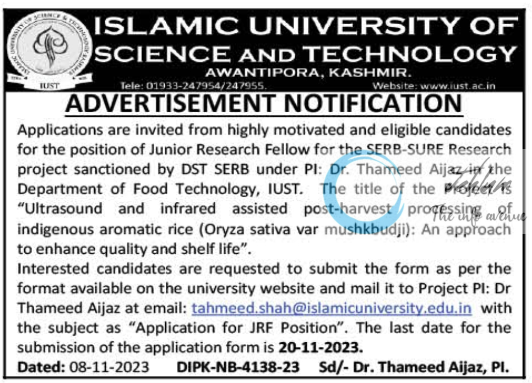 IUST Department of Food Technology Advertisement Notification 2023