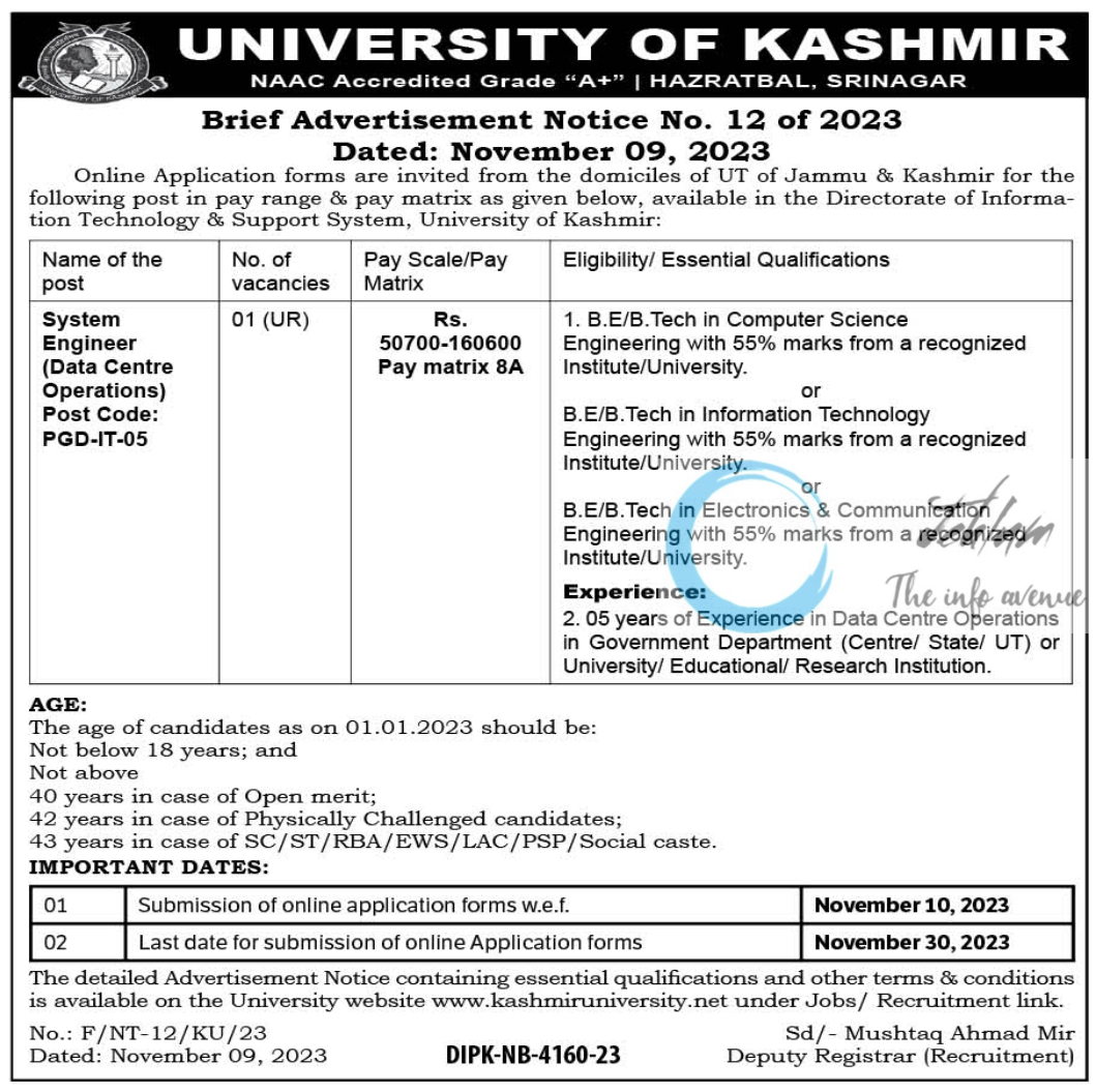 UNIVERSITY OF KASHMIR System Engineer Jobs Advertisement Notice No 12 of 2023