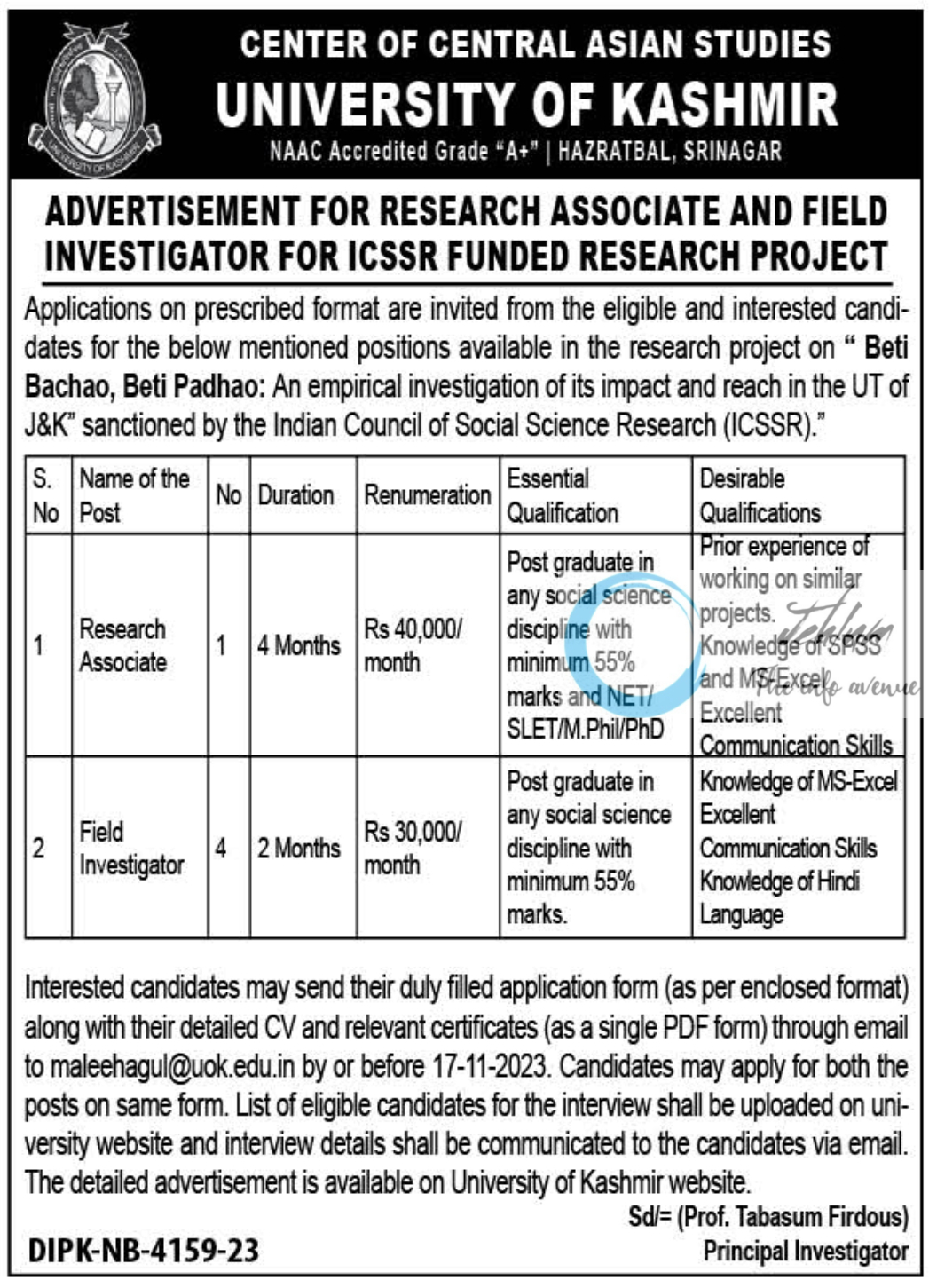 UNIVERSITY OF KASHMIR CENTER OF CENTRAL ASIAN STUDIES ICSSR FUNDED RESEARCH PROJECT ADVERTISEMENT NOTICE 2023