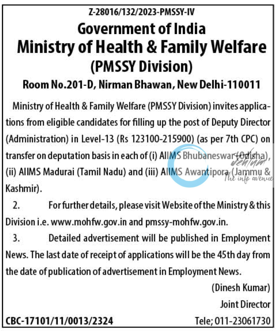 Ministry of Health & Family Welfare Deputy Director Jobs Advertisement 2023