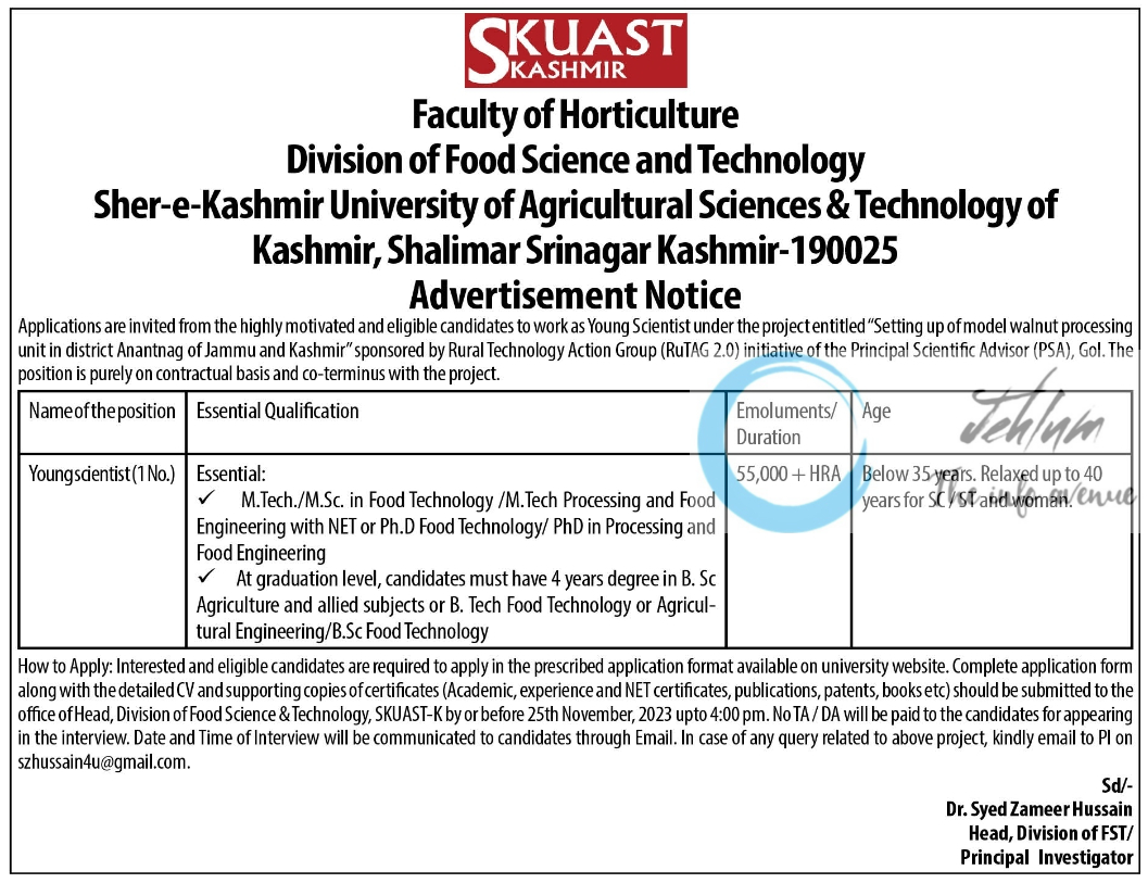 SKUAST KASHMIR Faculty of Horticulture Advertisement Notice 2023