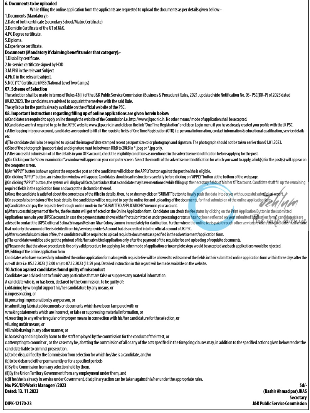 JKPSC Transport Department Works Manager Jobs Advertisement No 43-PSC of 2023