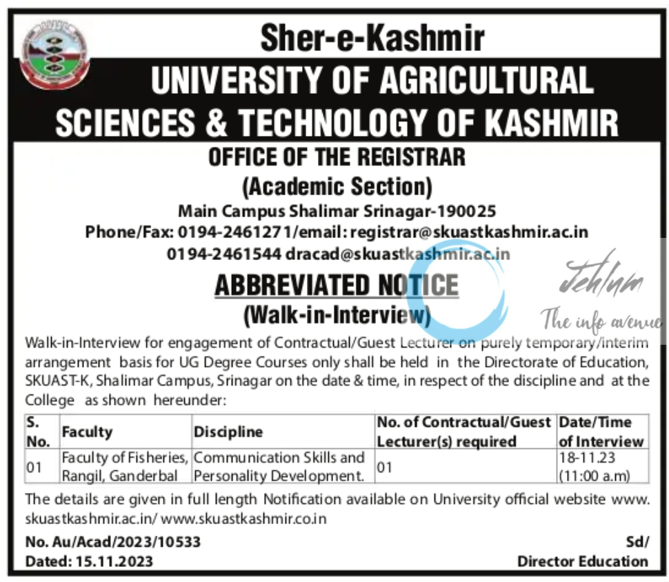 SKUAST-Kashmir Guest Lecturers Walk-in-Interview Notice 2023