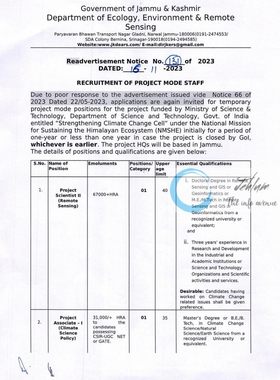 JKDEARS RECRUITMENT OF PROJECT MODE STAFF RE-ADVERTISEMENT NOTICE NO 131 OF 2023