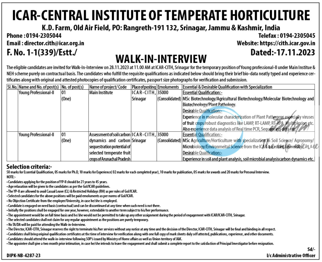 ICAR-CENTRAL INSTITUTE OF TEMPERATE HORTICULTURE CITH NEH SCHEME WALK-IN-INTERVIEW 2023