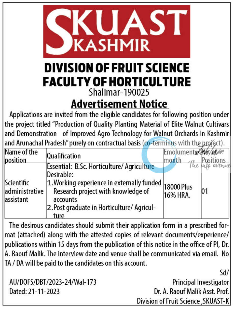 SKUAST KASHMIR DIVISION OF FRUIT SCIENCE FACULTY OF HORTICULTURE SCIENTIFIC ADMINISTRATIVE ASSISTANT ADVERTISEMENT 2023