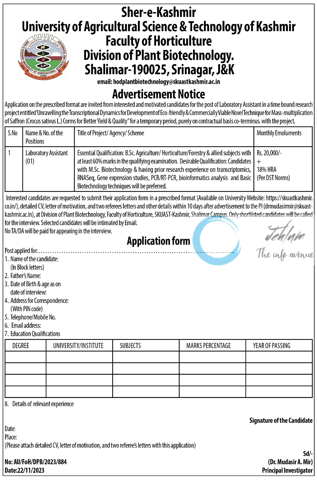 SKUAST-Kashmir Division of Plant Biotechnology Laboratory Assistant Advertisement Notice 2023