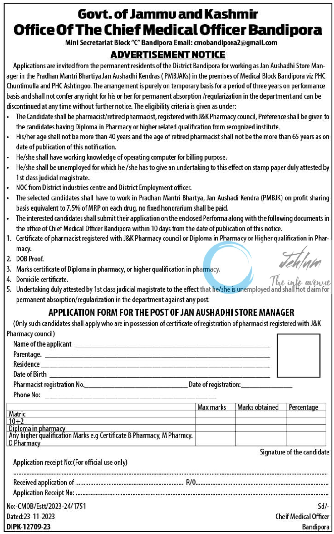 Chief Medical Officer Bandipora PMBJAKs Jobs Advertisement Notice 2023