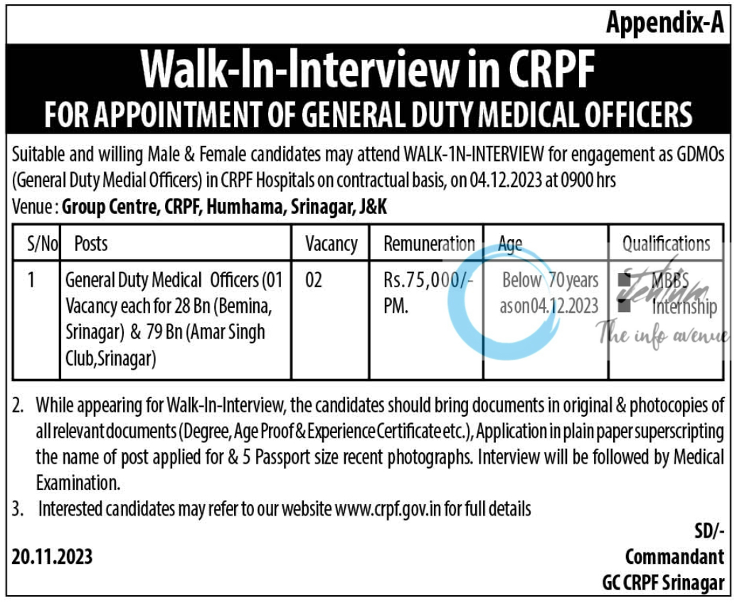 CRPF SRINAGAR GENERAL DUTY MEDICAL OFFICERS WALK-IN INTERVIEW 2023