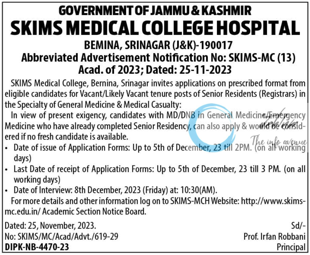 SKIMS MEDICAL COLLEGE HOSPITAL SRINAGAR ADVERTISEMENT NOTIFICATION NO SKIMS-MC 13 ACAD OF 2023