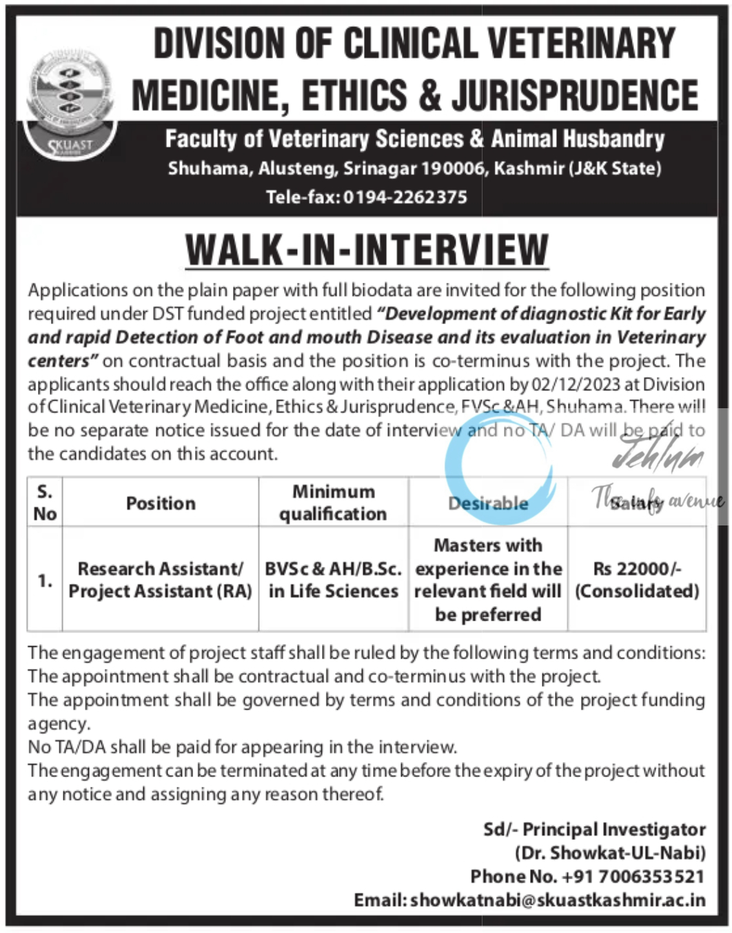 SKUAST KASHMIR DIVISION OF CLINICAL VETERINARY MEDICINE ETHICS AND JURISPRUDENCE WALK-IN-INTERVIEW 2023
