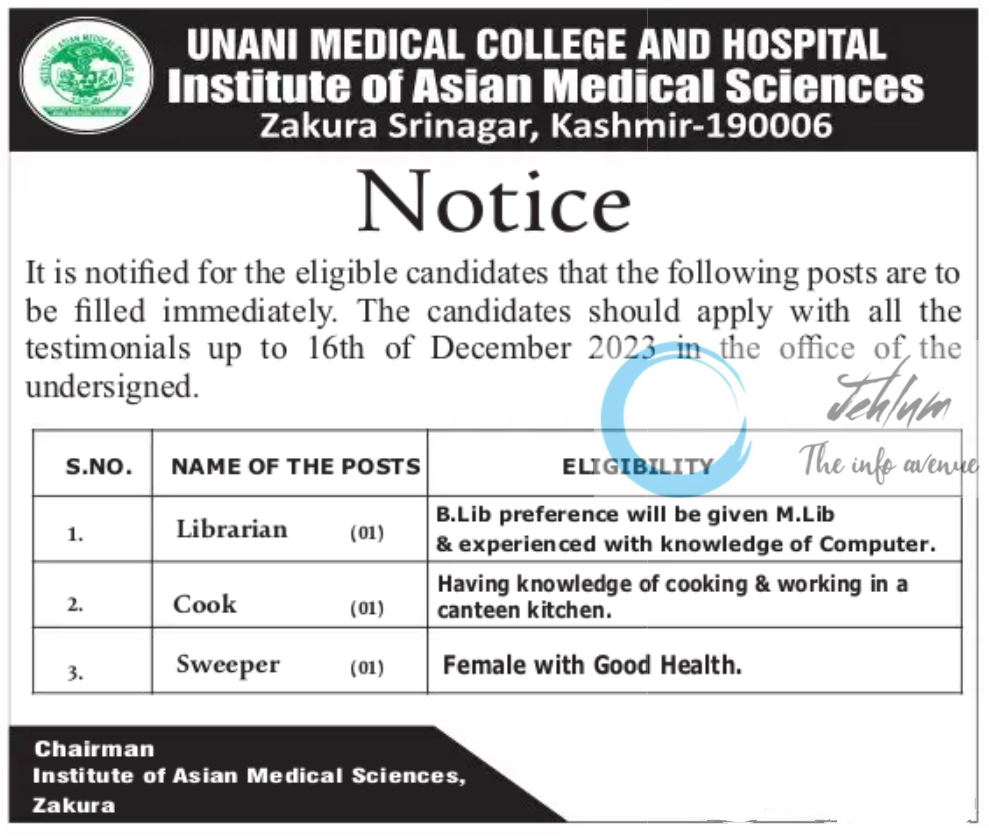 UNANI MEDICAL COLLEGE AND HOSPITAL SRINAGAR JOBS 2023