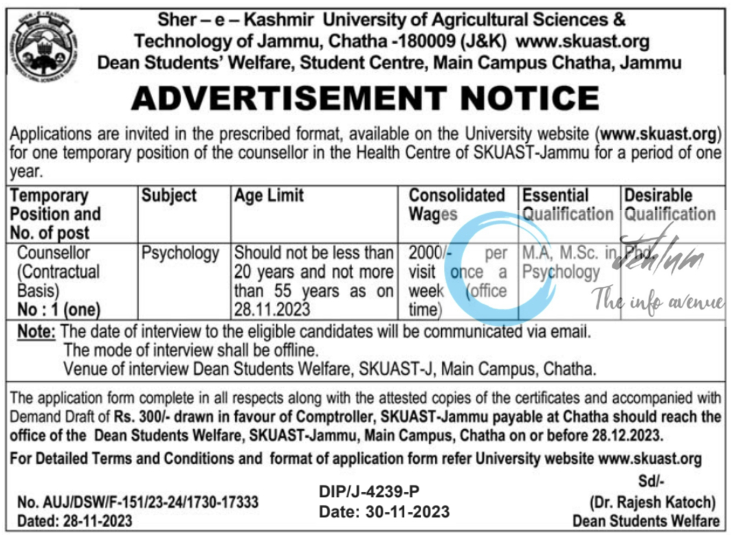 SKUAST-Jammu Advertisement Notice For Counsellor in the Health Centre 2023