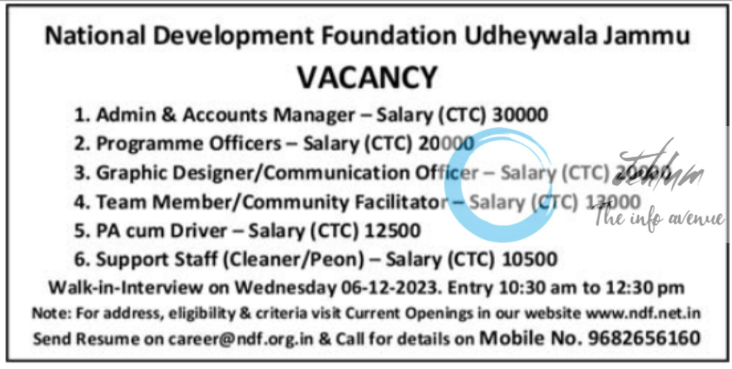 National Development Foundation Jammu Jobs Vacancy 2023