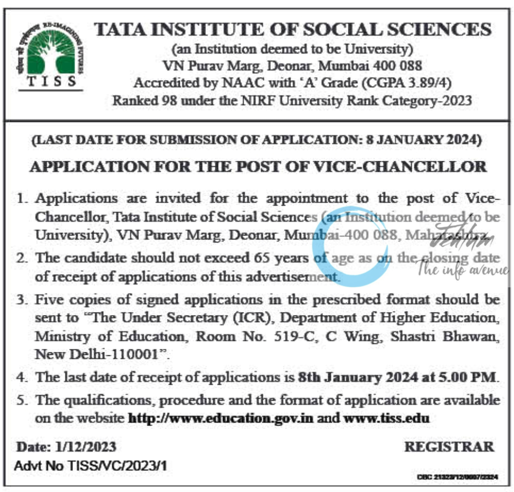 TATA INSTITUTE OF SOCIAL SCIENCES TISS VICE-CHANCELLOR VACANCY ADVERTISEMENT 2023-24