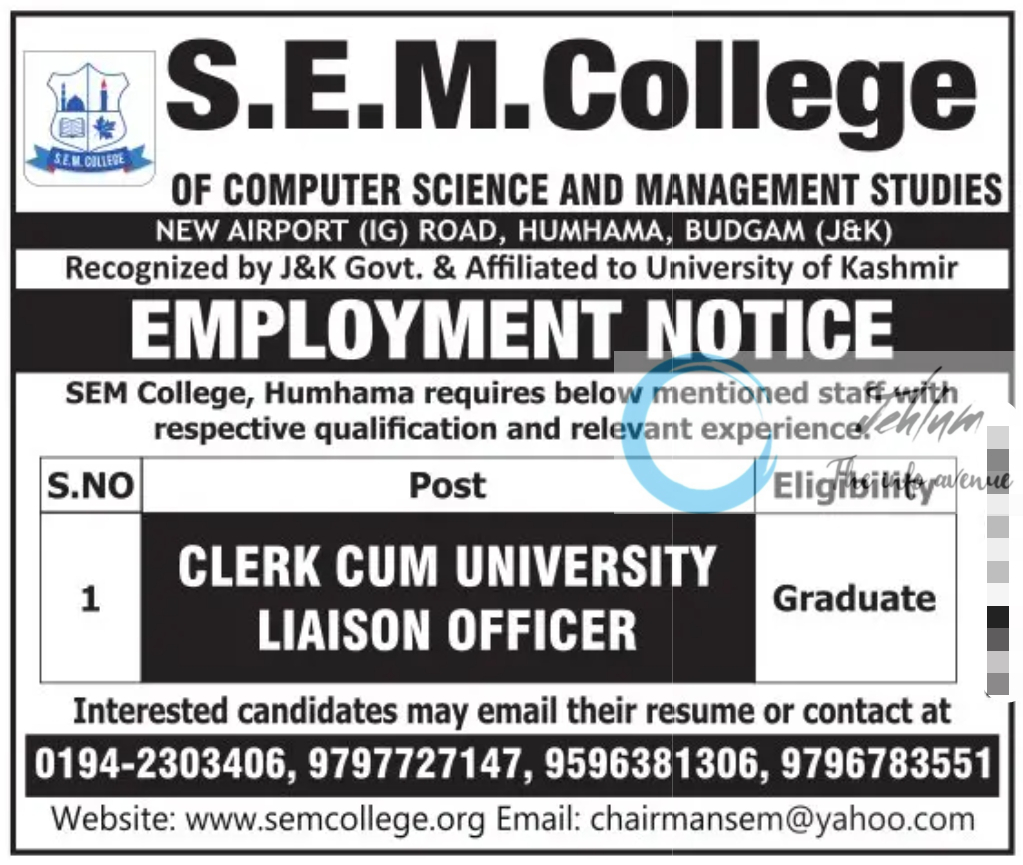 SEM College Budgam Employment Notice 2023