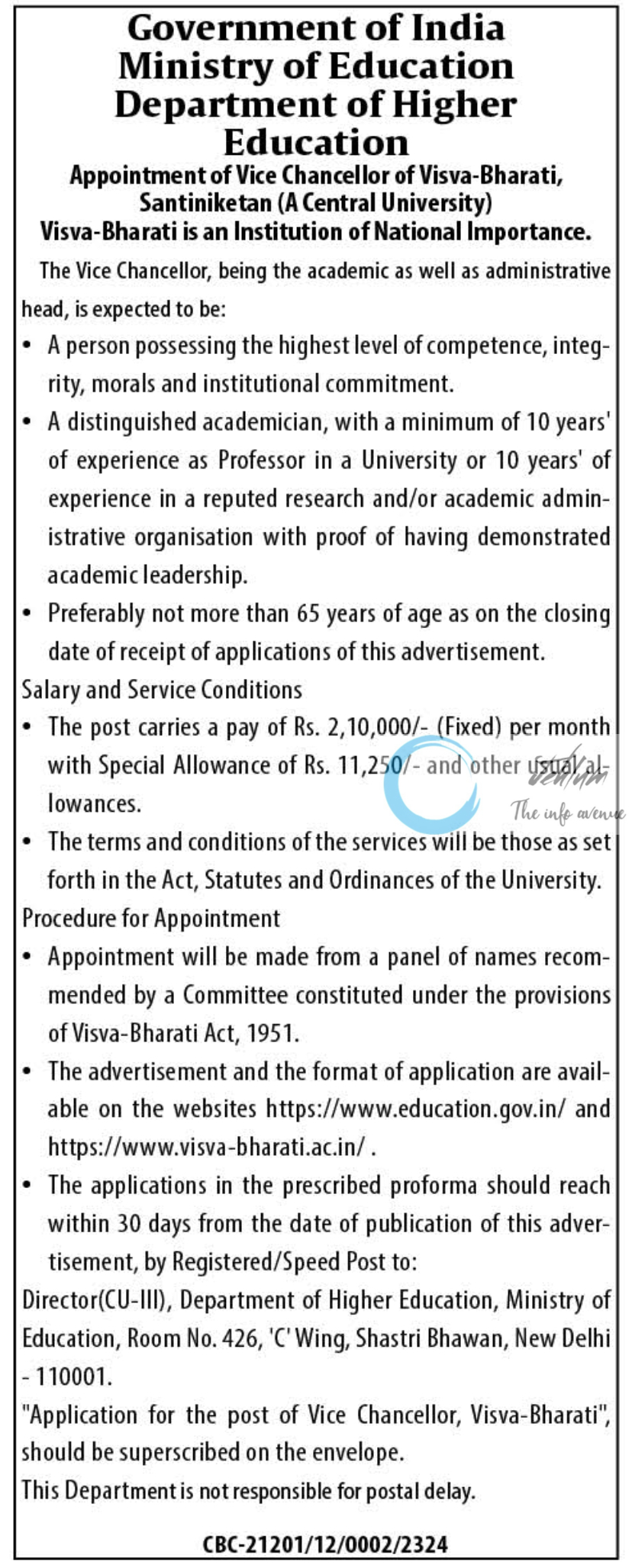 Ministry of Education Deptt of Higher Education Appointment of Vice Chancellor of Visva-Bharati Santiniketan University 2023
