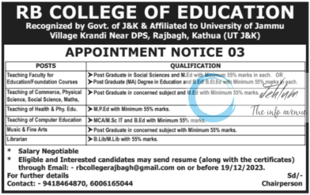 RB COLLEGE OF EDUCATION KATHUA APPOINTMENT NOTICE 03 OF 2023