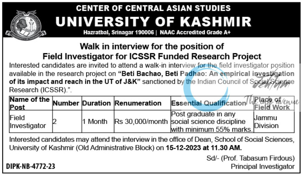 UNIVERSITY OF KASHMIR CENTER OF CENTRAL ASIAN STUDIES WALK IN INTERVIEW 2023