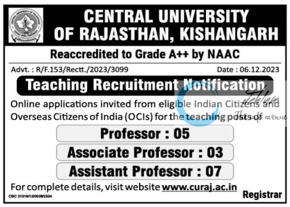 CENTRAL UNIVERSITY OF RAJASTHAN KISHANGARH TEACHING RECRUITMENT NOTIFICATION 2023