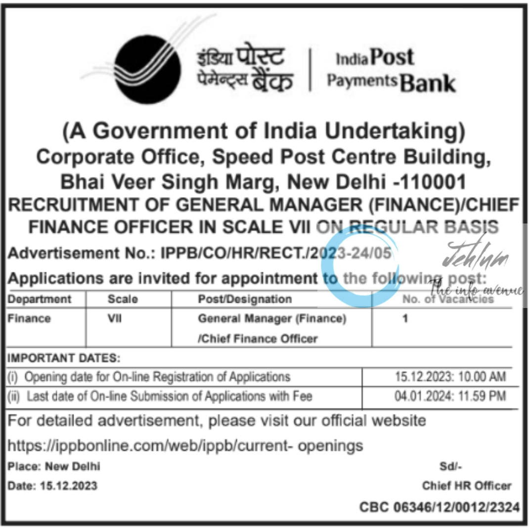 India Post Payments Bank Advertisement No 05 of 2023 Recruitment Of General Manager