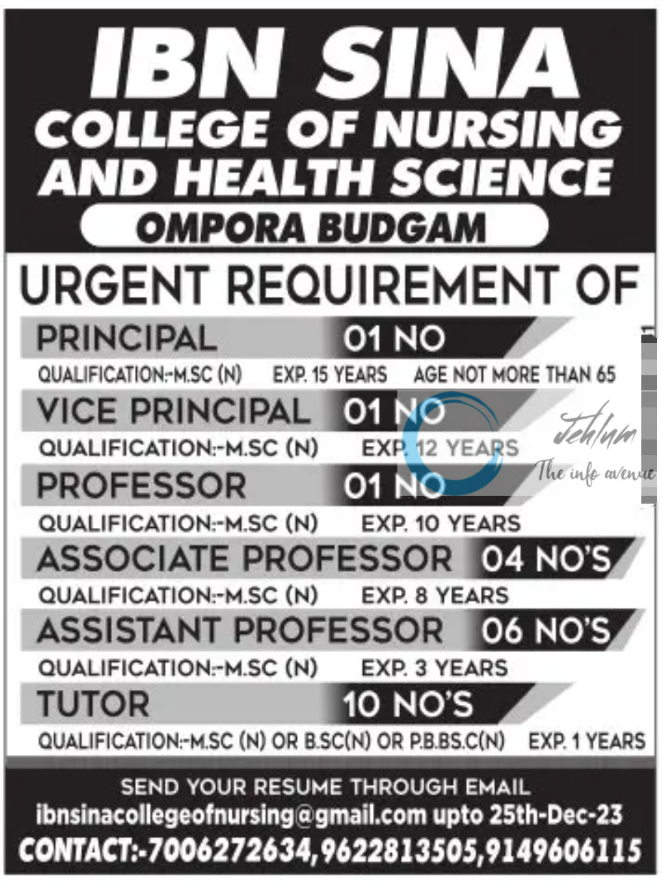 IBN SINA COLLEGE OF NURSING AND HEALTH SCIENCE OMPORA BUDGAM JOBS ADVERTISEMENT 2023