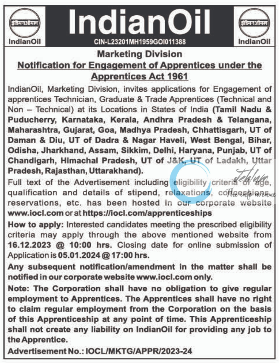 Indian Oil Marketing Division Notification for Engagement of Apprentices 2023-24