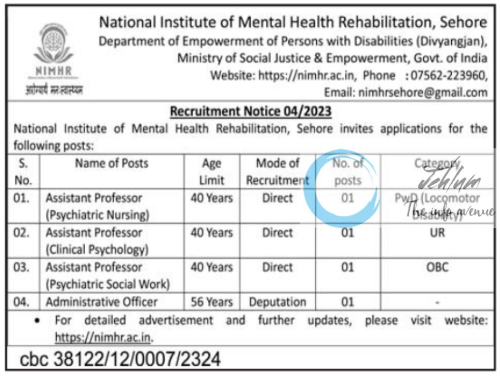National Institute of Mental Health Rehabilitation NIMHR Recruitment Advertisement Notice 04 of 2023