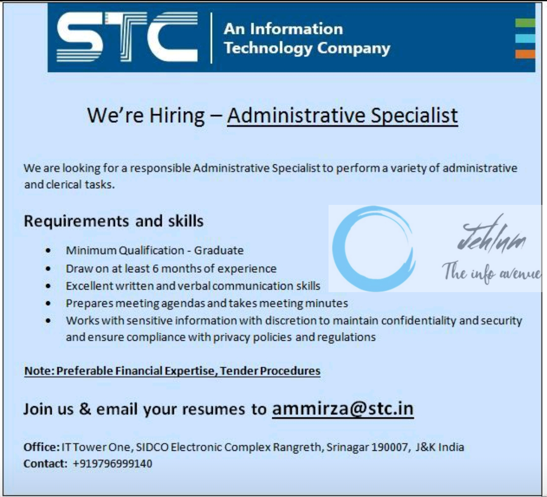 STC Srinagar Hiring Administrative Specialist 2023