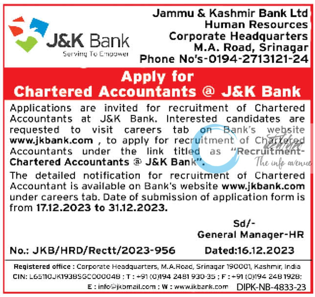 J&K Bank Chartered Accountants Recruitment Notification 2023