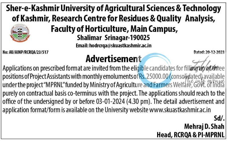 SKUAST-Kashmir Research Centre for Residues And Quality Analysis Advertisement 2023