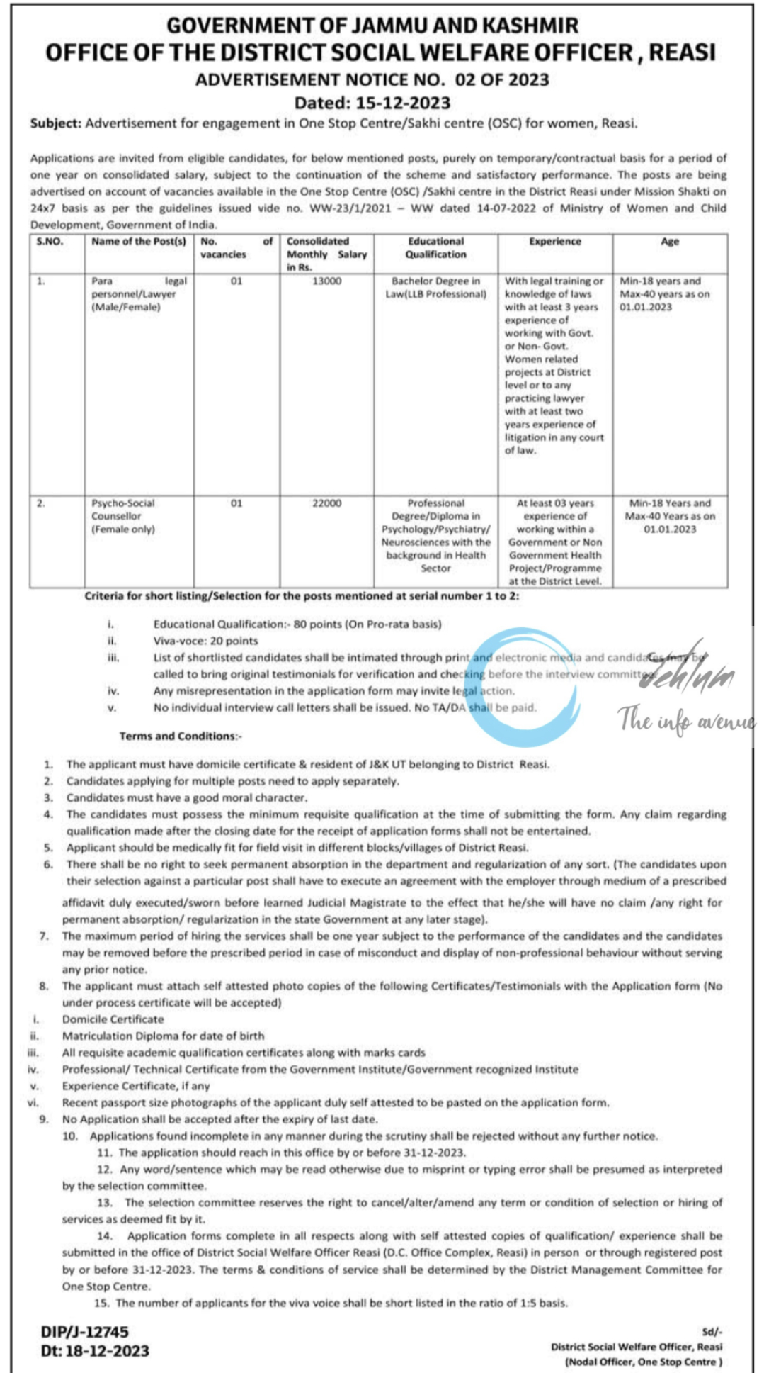 DISTRICT SOCIAL WELFARE OFFICE REASI ADVERTISEMENT NOTICE NO 02 OF 2023