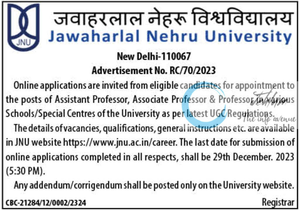 Jawaharlal Nehru University JNU Recruitment Advertisement No 70 of 2023