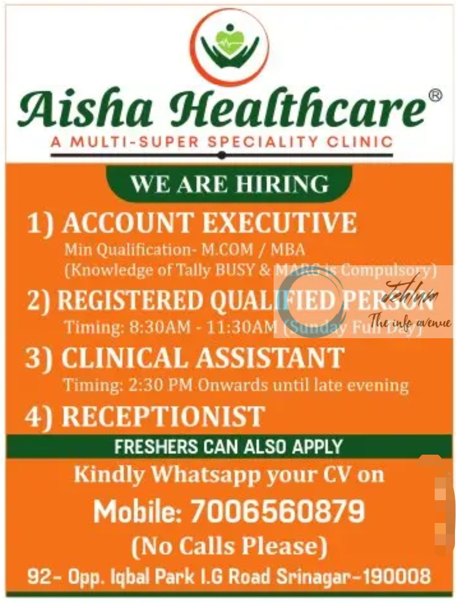 Aisha Healthcare Clinic Srinagar Jobs 2023