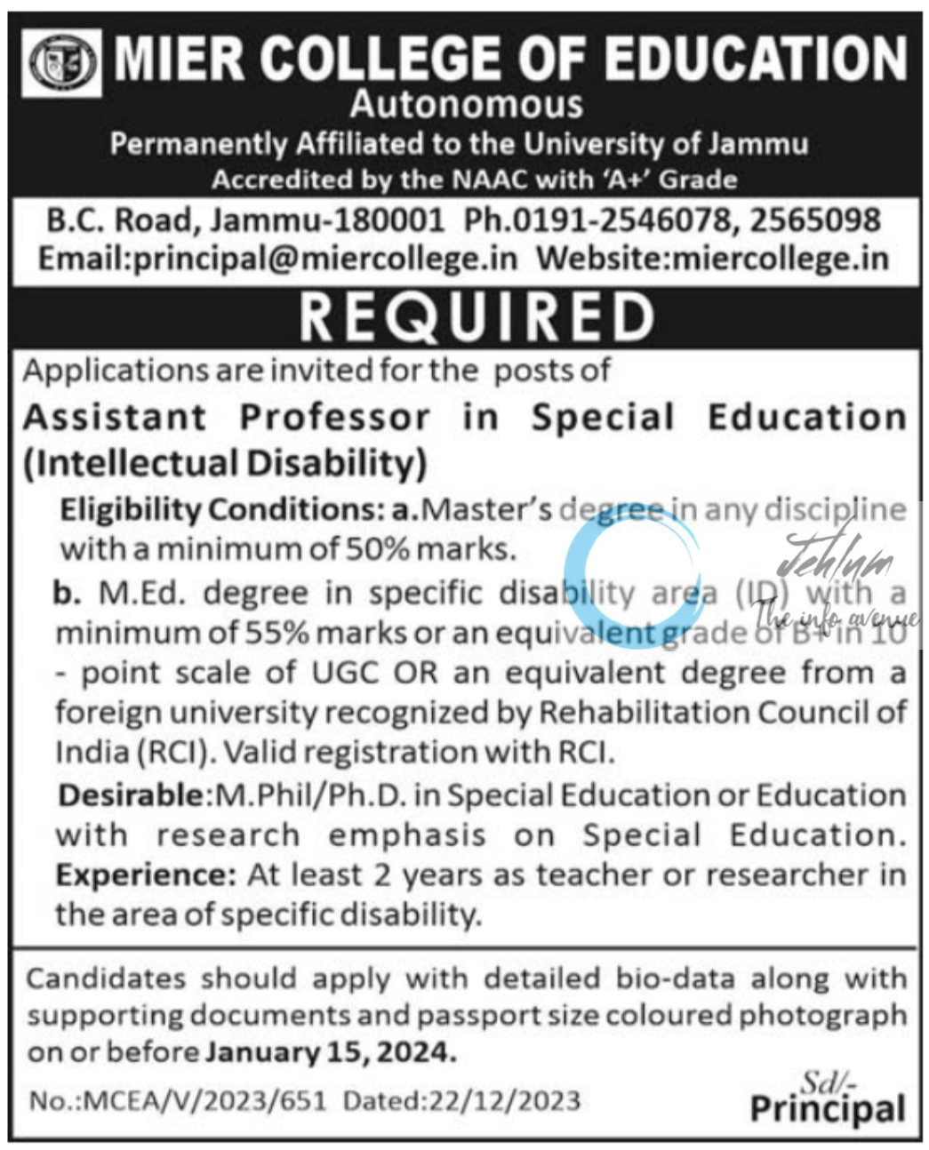 MIER COLLEGE OF EDUCATION JAMMU JOBS ADVERTISEMENT 2023