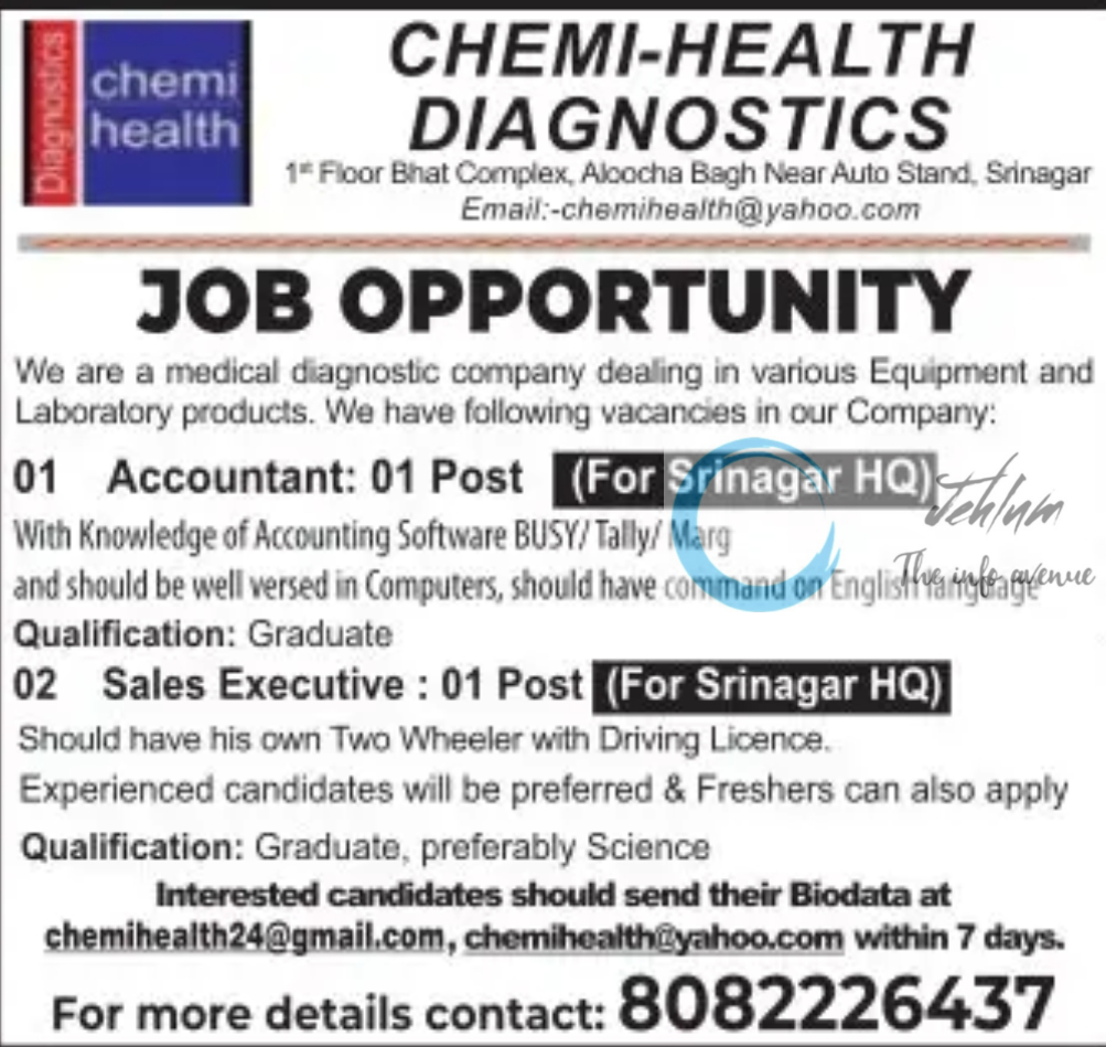 CHEMI-HEALTH DIAGNOSTICS SRINAGAR JOB OPPORTUNITY 2023-24
