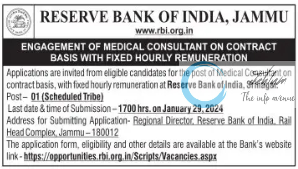 RESERVE BANK OF INDIA RBI JAMMU MEDICAL CONSULTANT JOBS ADVERTISEMENT 2023