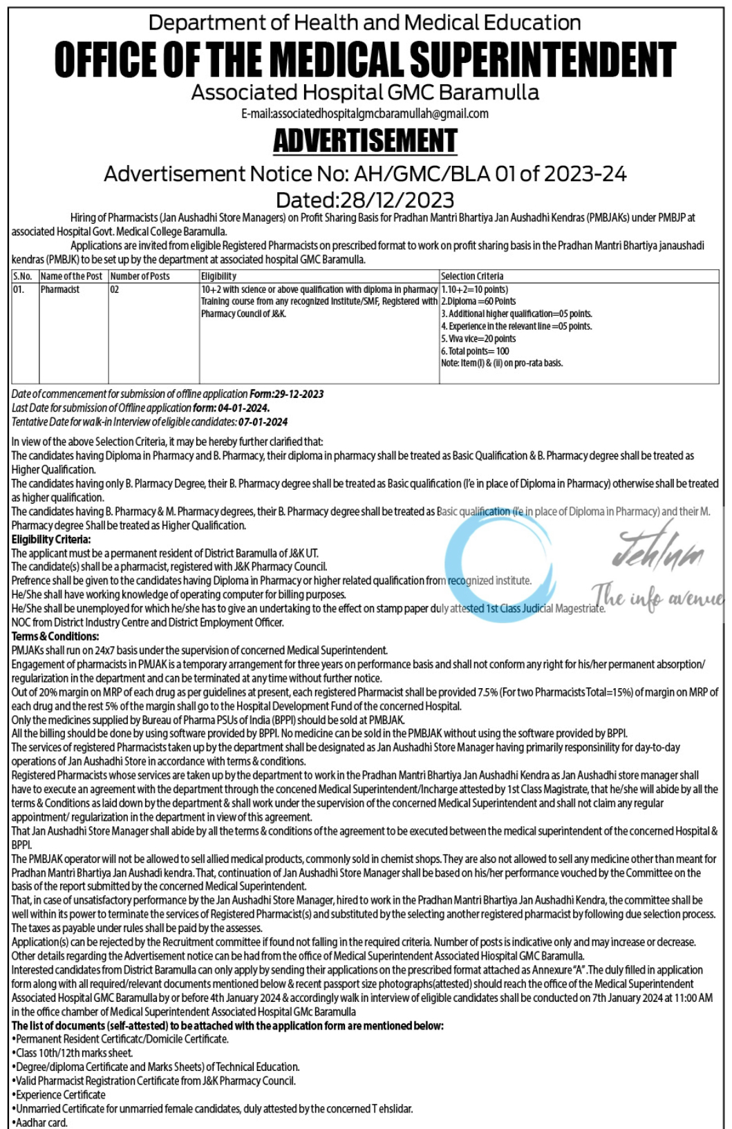 Associated Hospital GMC Baramulla Advertisement Notice No 01 of 2023-24