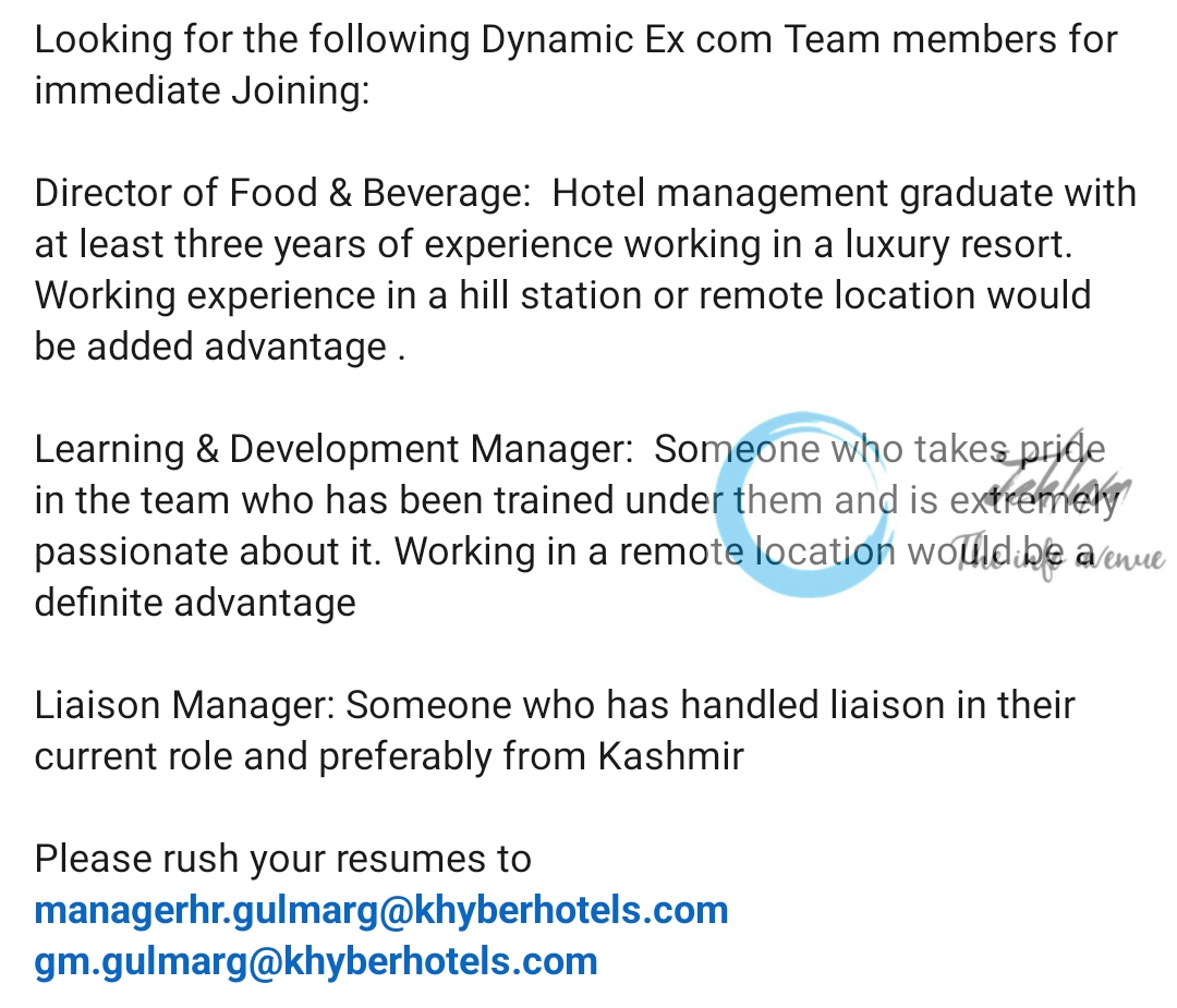 Khyber Hotels Kashmir Jobs Vacancy 2023-24