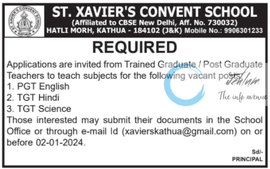 ST XAVIERS CONVENT SCHOOL KATHUA JOBS 2023-24