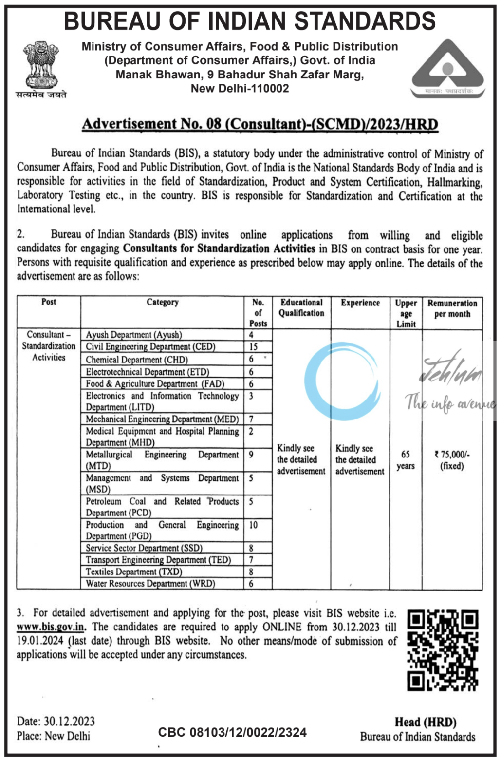 BUREAU OF INDIAN STANDARDS BIS ADVERTISEMENT NO 08 OF 2023-24