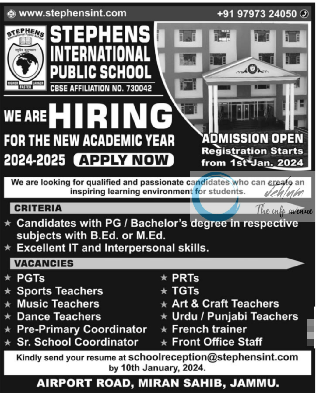 STEPHENS INTERNATIONAL PUBLIC SCHOOL JAMMU JOBS VACANCIES 2024