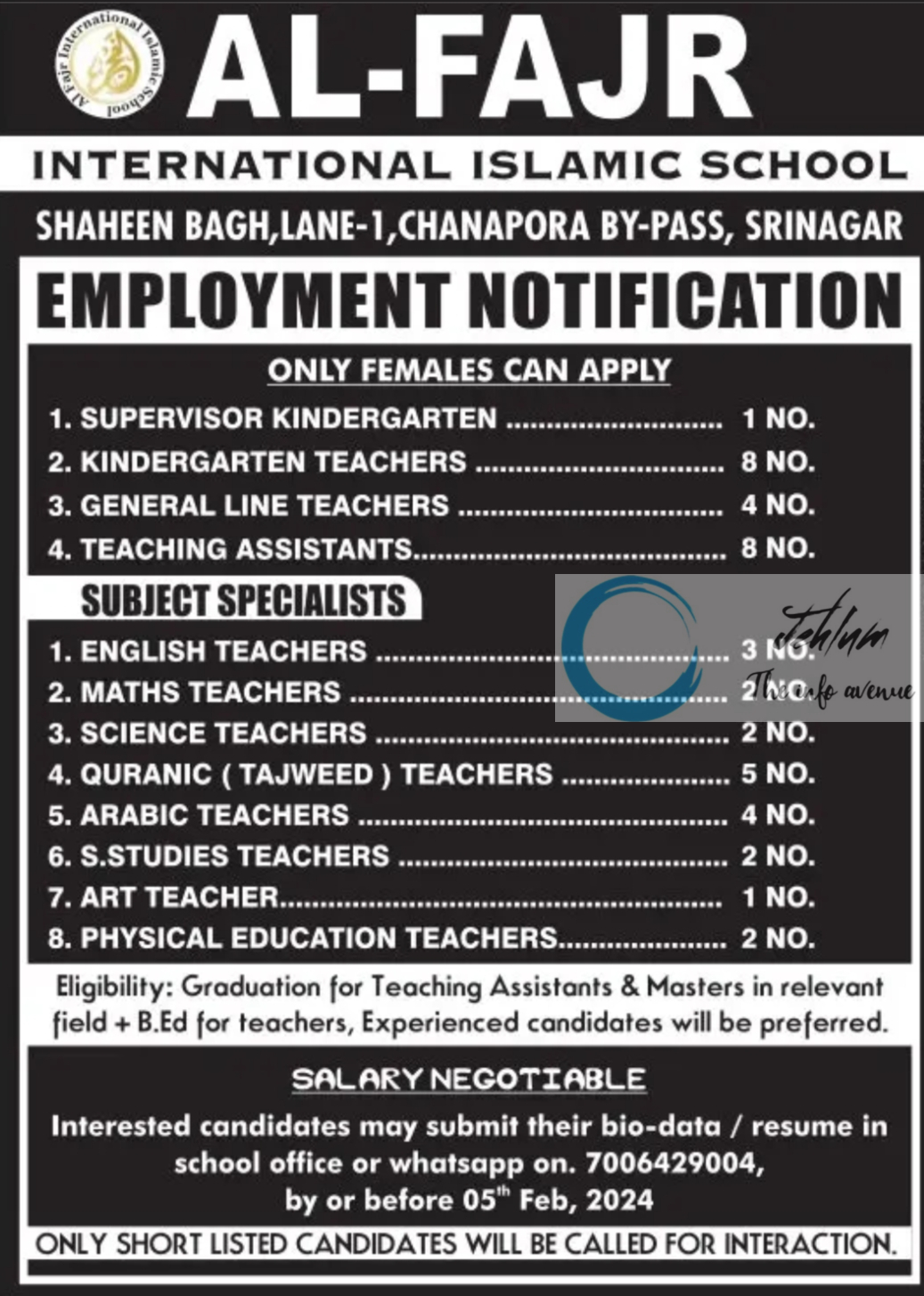 AL-FAJR INTERNATIONAL ISLAMIC SCHOOL SRINAGAR EMPLOYMENT NOTIFICATION 2024
